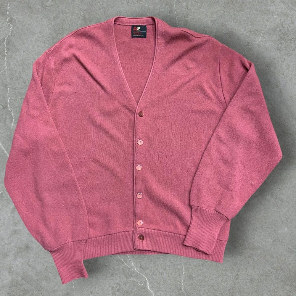 Arnold Palmer Vintage 80s Acrylic Salmon Pink Cardigan Sweater Men's Size Large